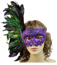 Load image into Gallery viewer, Masquerade Venetian party mask with purple feather
