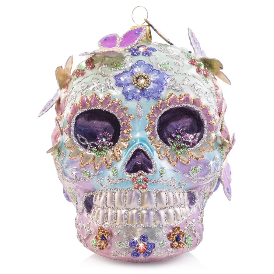 Jay Strongwater Skull With Butterflies Glass Ornament