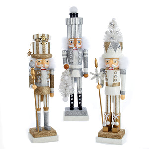 18" White Tree, Silver and Gold Package Hat Nutcrackers, 3 Assorted